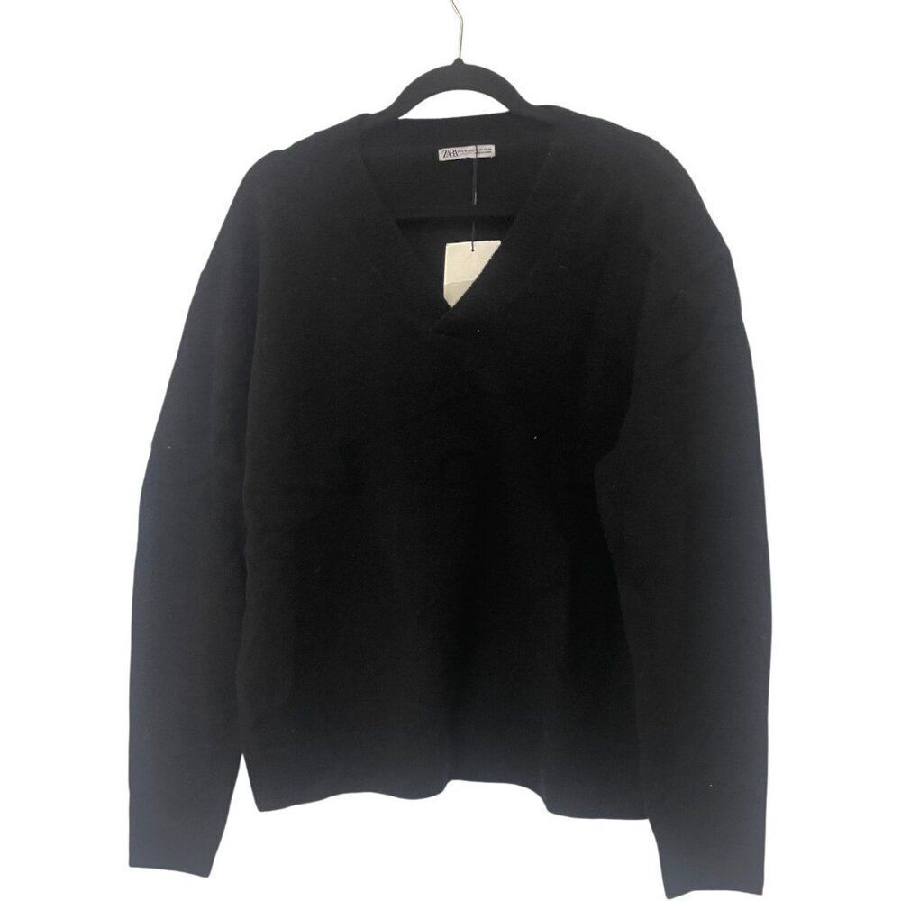 Zara Women wool Sweater L XL Black Pullover V-Neck Knit 2893/372 NWT